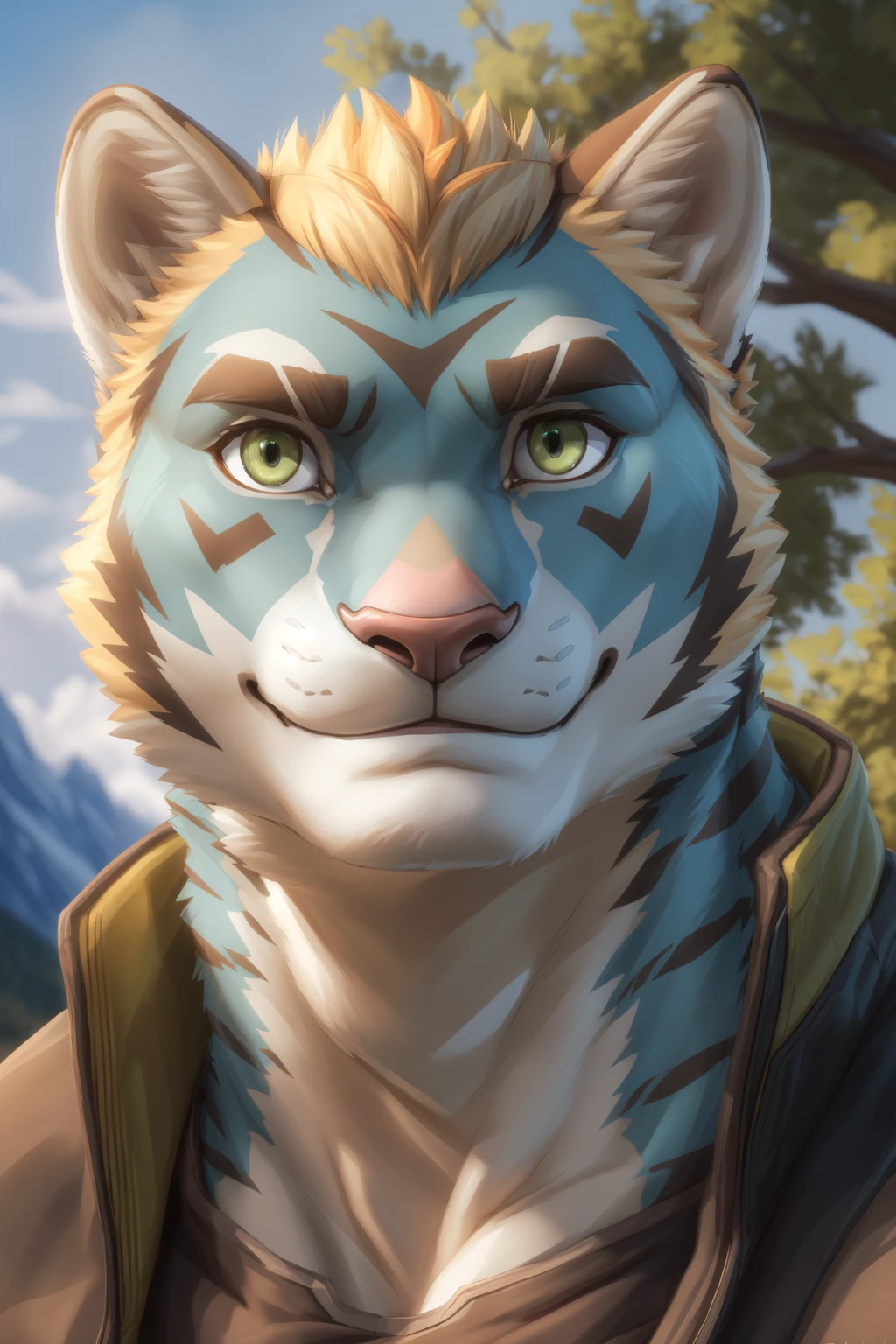 <lora:rexer-07:0.7>, rexer, green eyes, (posing:1.3), (soft shading), 4k, hi res, ((detailed face, detailed)), by zackarry911, by zaush, (by personalami:0.5), portrait, looking at viewer, smile, face focus, close-up,