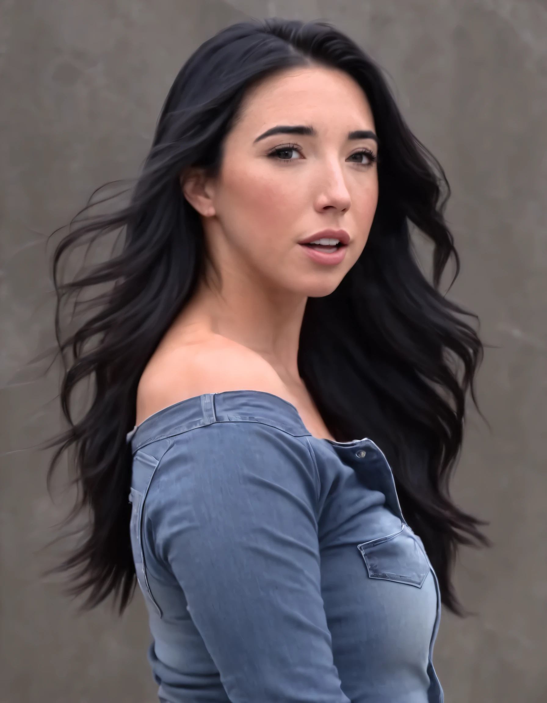 Lexi Abreu, with her mesmerizing gaze and parted lips, stood confidently wearing black hair cascading down her shoulders, a pair of faded jeans effortlessly hugging her curves while the denim fabric flowed gently in the wind as she gazed at the viewer, emanating an air of allure and intrigue. lexi abreu <lora:ggnzqw18e0aa35579u82:1>