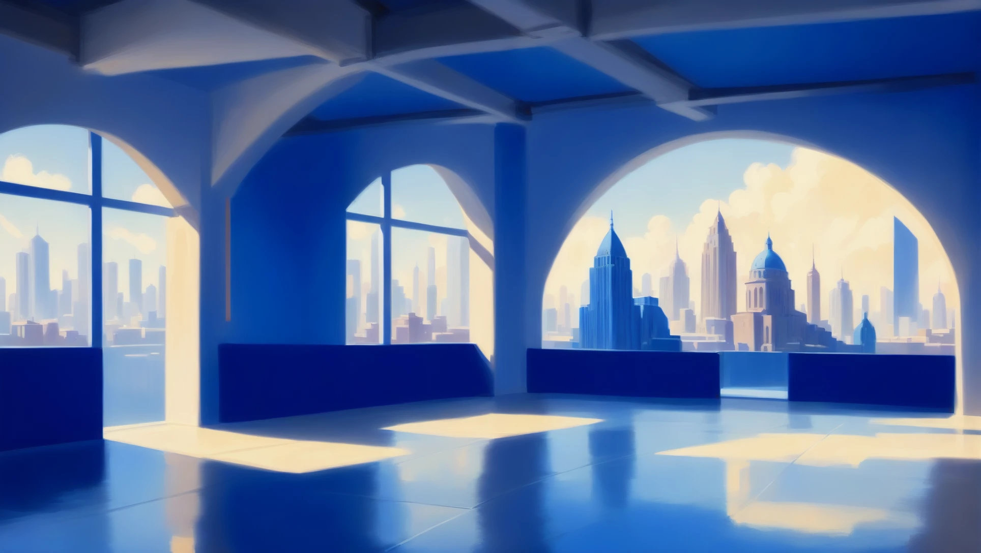 digital painting, Industrial loft with skyline view in a Wondrous fantasy metropolis beyond the end of time, masterpiece<lora:EnvyBluesXL01:1>