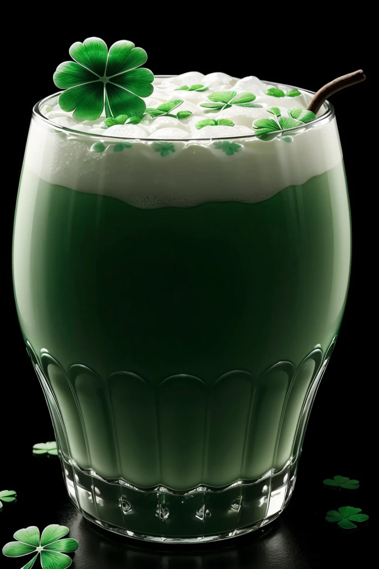 ((masterpiece, best quality)), <lora:ShamrockWorld-10:0.8>, ShamrockWorld, clover, four-leaf clover, light particles, simple background, cup, no humans, black background, drink, glass, clover, four-leaf clover, still life, liquid