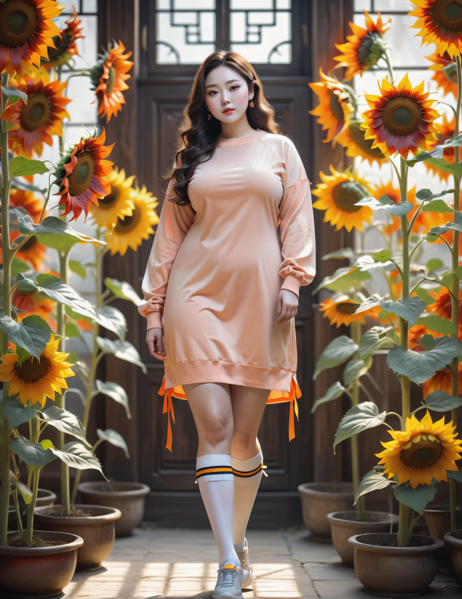 masterpiece of Fashwave, highly detailed professional 8k VRay, best quality, **Dappled Lighting**: Utilizes filtered or broken sunlight, creating a play of light and shadows on the subject, Enhanced high contrast and HDR for optimal image quality, soft focus F/8, Qing Dynasty Romantic Victorian Lady, Plus Size Hourglass: Larger sizes with well-defined waist and balanced proportions, Hunter Blaze Orange Pastel Ribbon Highlights in Loose Waves, Annoyed, Sweatshirt Dress with Thigh-High Socks and Sneakers, stunning creative and insane Sunflower Labyrinths background <lora:Artistic Image Enhancement v1.0:0.4>