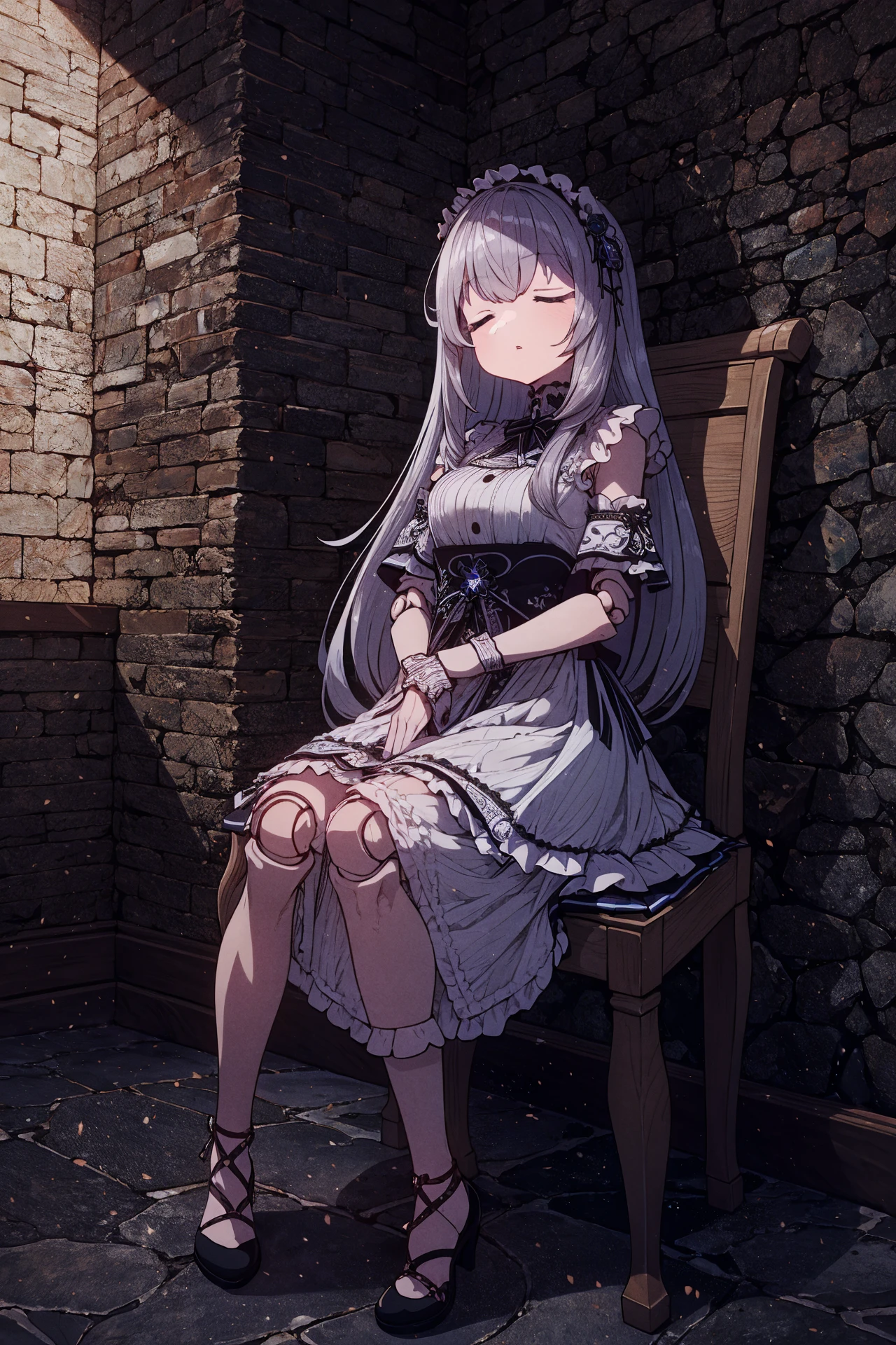 (masterpiece, top quality, extremely detailed, best quality, beautiful and aesthetic:1.2), (1girl:1.3), official art, high resolution, surreal, <lora:sumiyao+MEI2-000010:1> sumiyao+, <lora:doll_joints_v0.1:1> doll joints, sitting, brick wall, overhead, lighting, (sleeping:1.3), chair, centered, grey hair, long hair, parted lips, solo focus, depth of field, white dress, frilled dress, sleeveless, sitting straight, listless, closed eyes, dim light