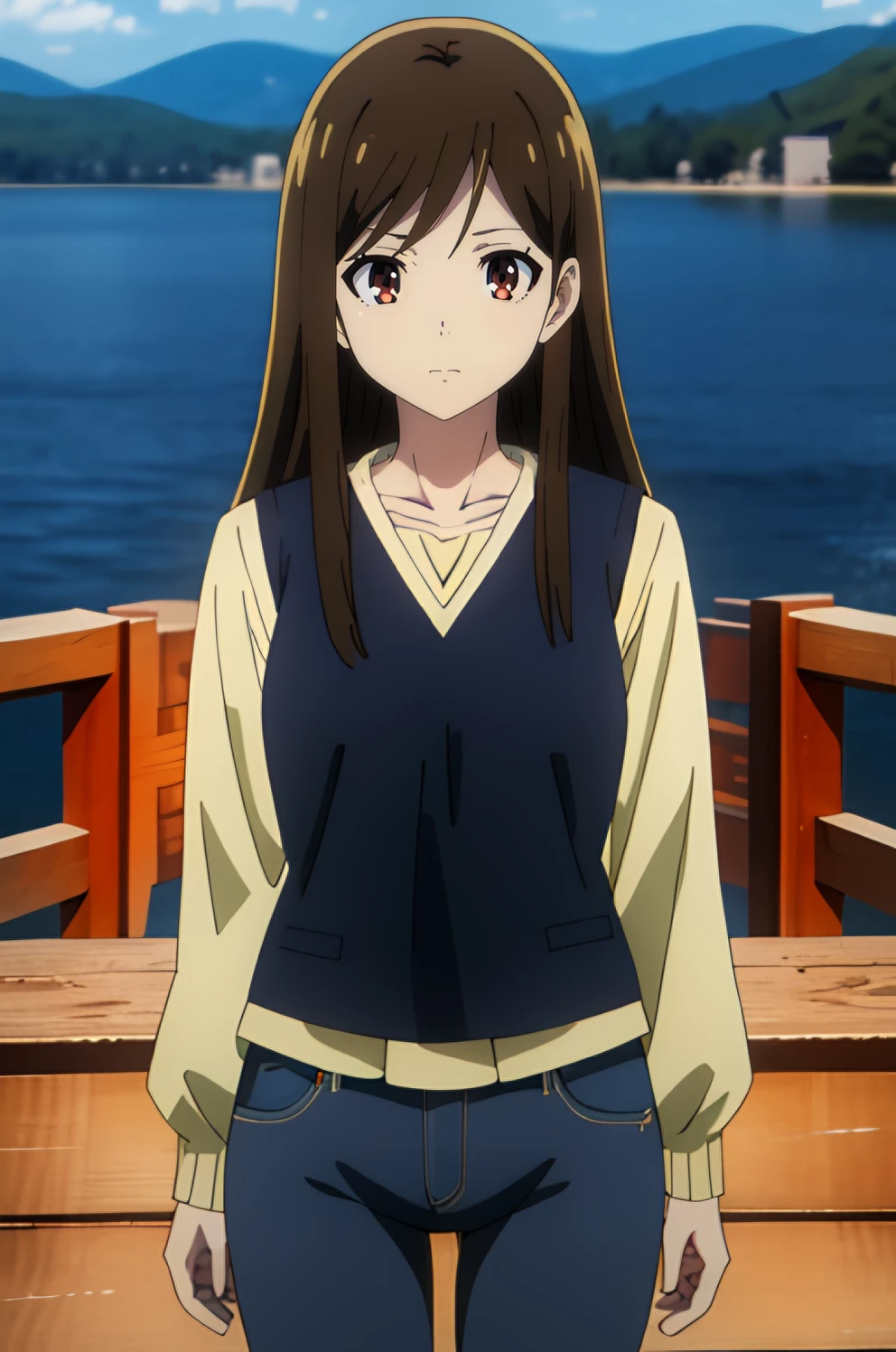 <lora:Amiris:0.7> amiris, brown_hair, 1girl, long_hair, brown_eyes, solo, bangs, jeans, lake, pullover, cowboy shot, best_quality, highres, extremely_detailed, anime perfect detailed style, 8k, masterpiece, anime art style, anime coloring,