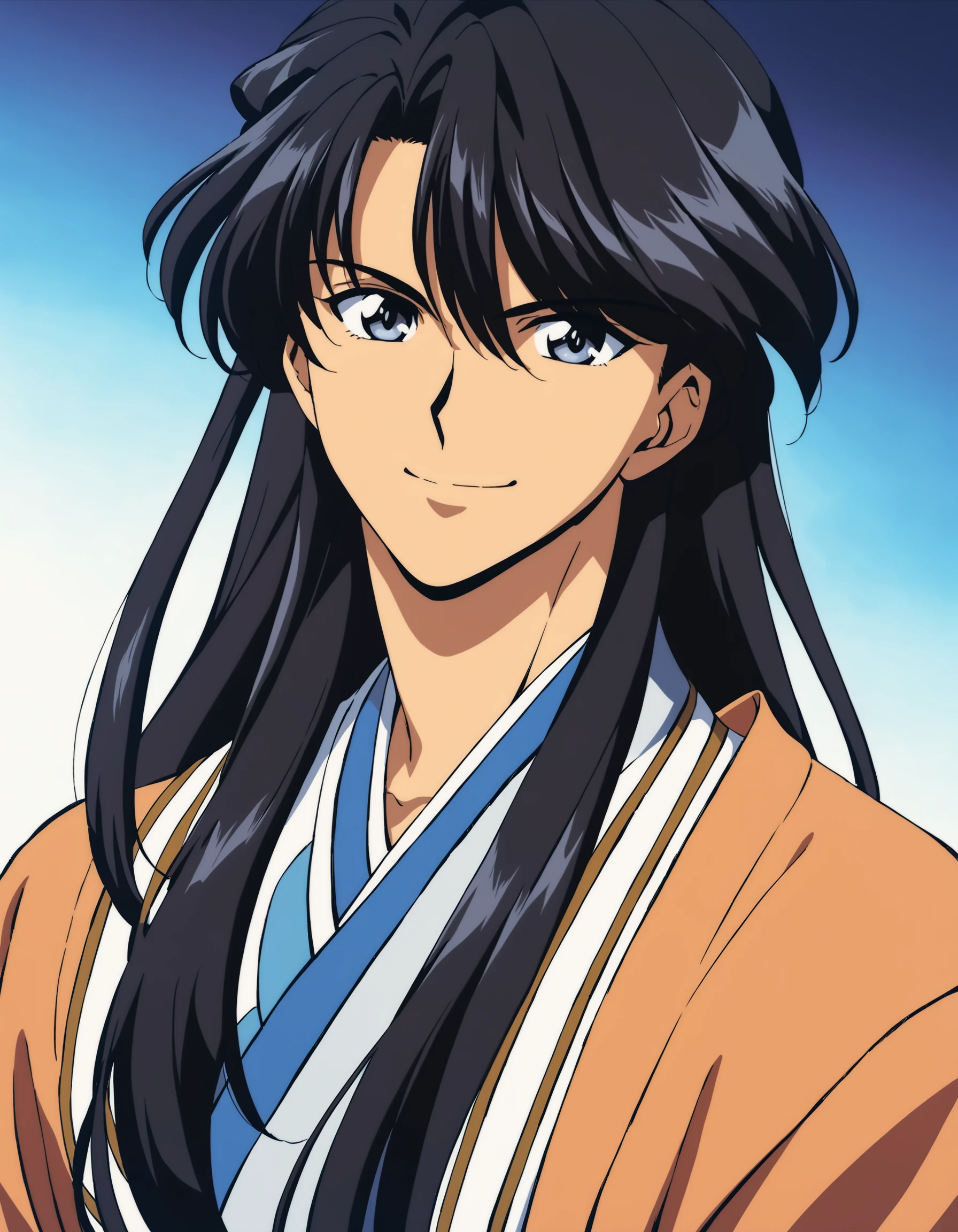 Fushigi Yuugi Style, solo, long hair, looking at viewer, smile, black hair, 1boy, closed mouth, male focus, japanese clothes, portrait, retro artstyle, bishounen, 1990s (style), anime coloring, best illustration, cinematic angle, cinematic lighting, masterpiece, official art, <lora:Fushigi_Yuugi_Animaginexl:1>