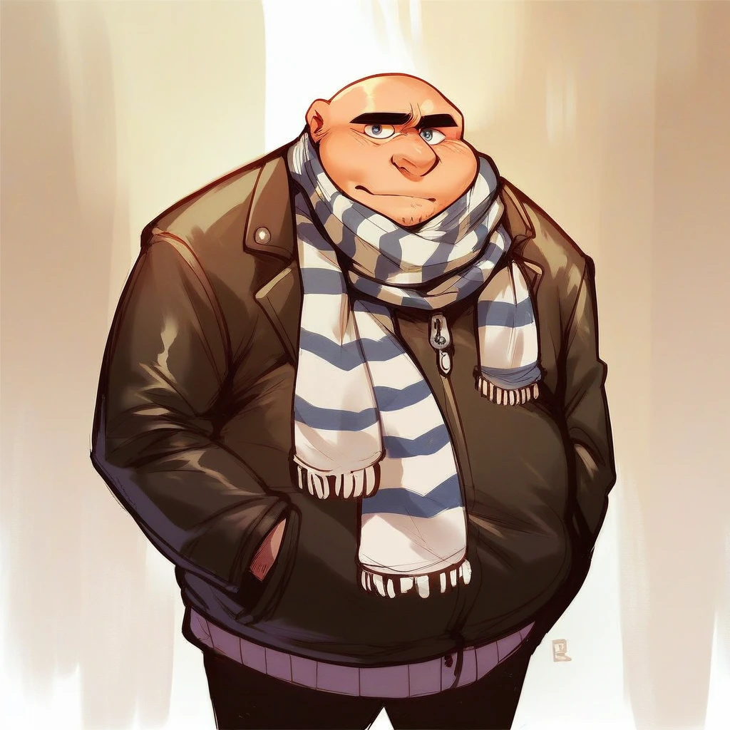 score_9, score_8_up, score_7_up, score_6_up, score_5_up, score_4_up, felonius gru, 2d, 1boy, solo, fat, fat man, bald, jacket, striped, scarf, clothed, standing, looking at viewer <lora:ponydiffusionv6_feloniusgru:1>