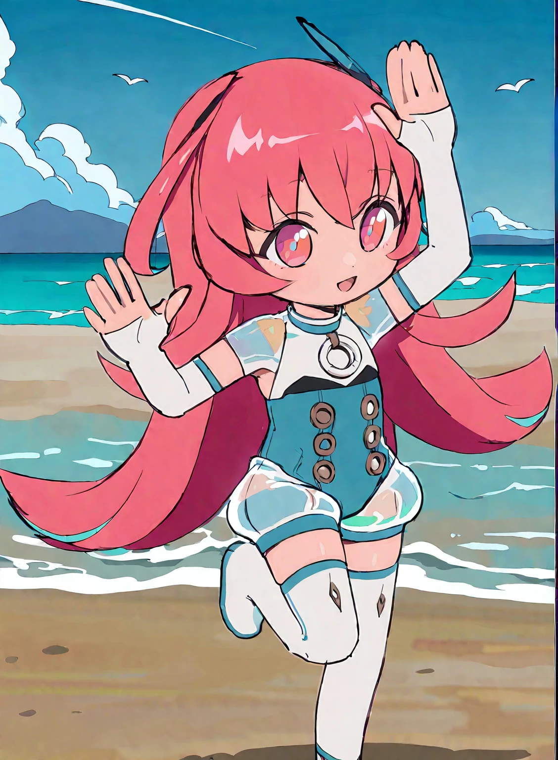 (1girl:1.2),(solo:1.2),masterpiece,best quality,highly detailed,best quality,illustration,highres,extremely detailed wallpaper,sketch,flat color,anime screencap,third-party edit,
nice hands,perfect hands,
chibi,pink hair,pink eyes,thigh boots,thighhighs,long hair,(beach background),happy,<lora:AganLoraXL:0.85>,waving,jump up,