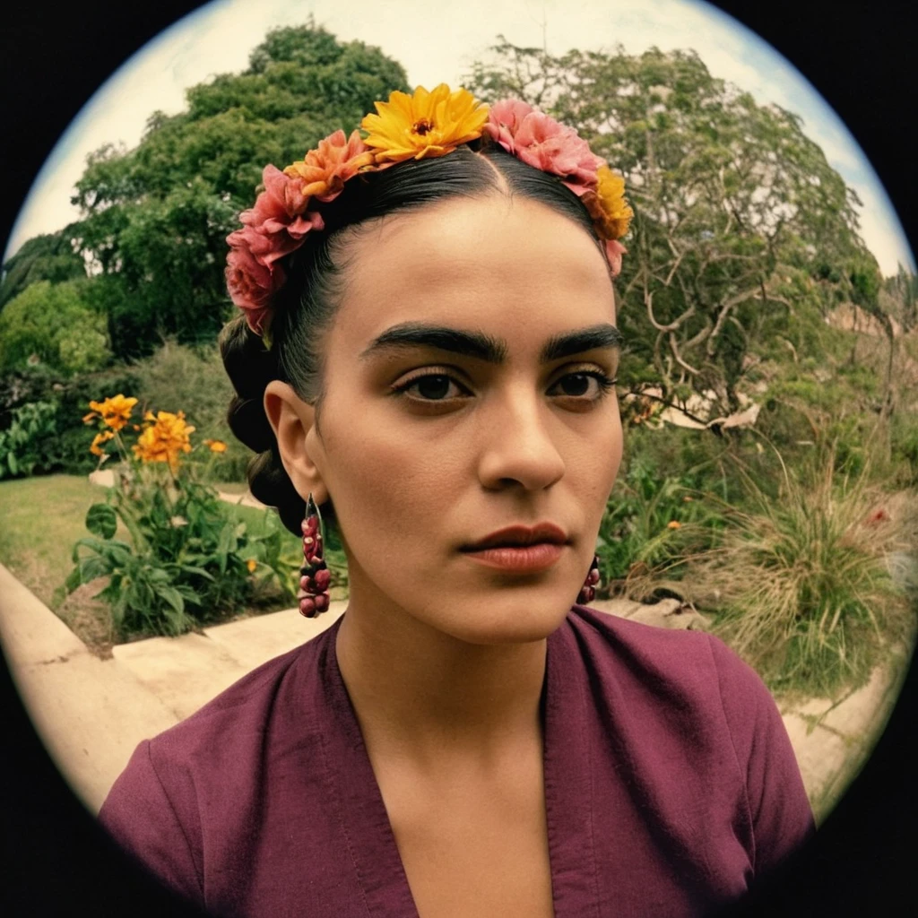 frida kahlo,(((photo 8mm fisheye lens by 8mmfishlent black borders ,zoom out))) , experimental photography, hard light --ar 3:4 --v 5.1 --style raw,