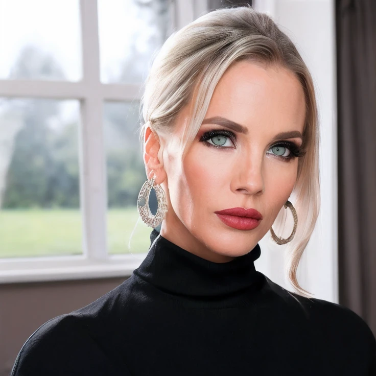 (masterpiece:1.2), (best quality,:1.2), 8k, HDR, ultra detailed, ((photorealistic)), professional light, cinematic lighting, fashion photography, ambient lighting, ((perfect hands)), Rebecca, <lora:Rebecca-10:1>, earrings, portait shot, dark makeup, turtleneck pullover, epiCPhoto