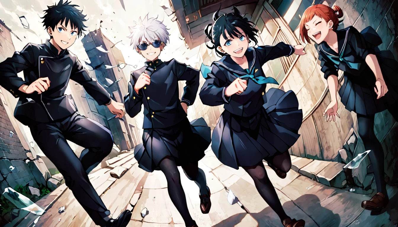 photograph jk3, jujutsu kaisen, school uniform, black hair, smile, multiple boys, black skirt, open mouth, short hair, round eyewear, closed eyes, blue eyes, long sleeves, shoes, black pants, gakuran, black jacket, 1girl, grin, hair pulled back, 3boys, broken glass, hair bun, swept bangs, sunglasses, white shirt, ear piercing, ^ ^, serafuku, black footwear, outdoors, standing, pleated skirt, :d, full body, pantyhose, neckerchief, running, sailor collar, facing viewer, teeth, multiple girls, 2boys, loafers, clenched hand, hair between eyes(dutch angle:1.3)
<lora:Jujutsu-Kaisen32:1>
<lora:offset_0.2:0.5> Bowser SDXL, 50mm . cinematic 4k epic detailed 4k epic detailed photograph shot on kodak detailed cinematic hbo dark moody, 35mm photo, grainy, vignette, vintage, Kodachrome, Lomography, stained, highly detailed, found footage
