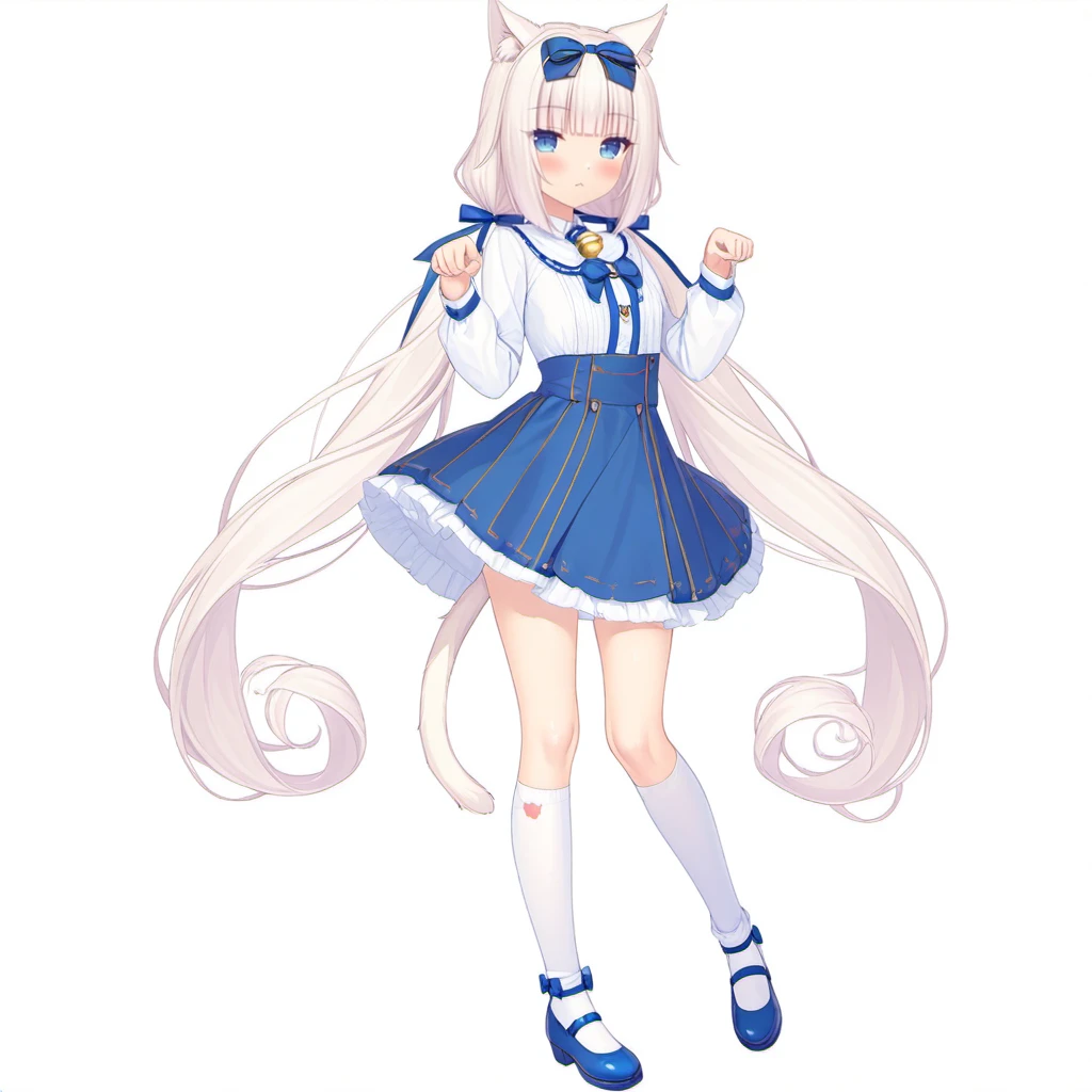 <lora:Koha-Delta-Nekopara-000010:0.85>,masterpiece, best quality,newest,
nekopara,Vanilla_\(nekopara\), solo, animal_ears, tail, blue_eyes, long_hair, cat_ears, cat_tail, twintails, very_long_hair, bow, socks, blue_bow,looking_at_viewer, white_hair, skirt, full_body, ribbon, shoes, white_socks, blunt_bangs, bangs, low_twintails, frills, long_sleeves, paw_pose, hair_bow, hair_ribbon, striped, blue_footwear, blush, bell, shirt, kneehighs, cat_girl
