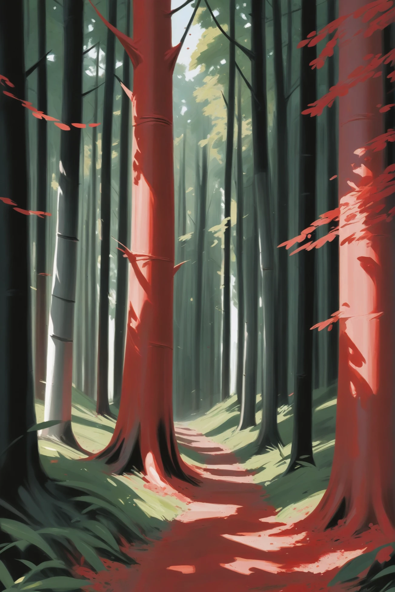 digital painting, <lora:EnvyTritoneXL01 Red-Black-White:1>, a trail in a lush forest