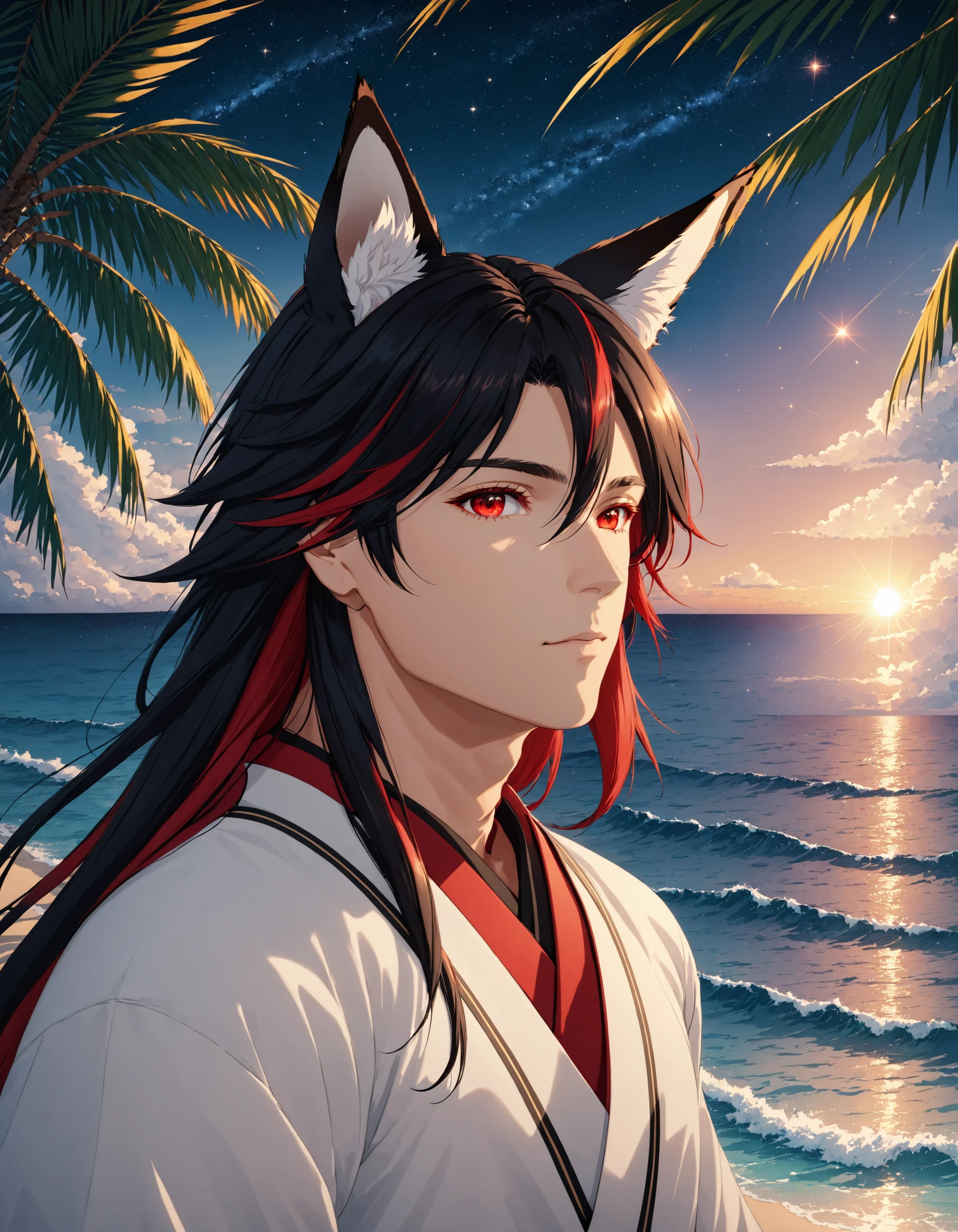 solo, long hair, looking at viewer, black hair, red eyes, long sleeves, 1boy, animal ears, hair between eyes, jewelry, closed mouth, upper body, male focus, red hair, outdoors, japanese clothes, sky, cloud, water, tree, streaked hair, animal ear fluff, fox ears, ocean, beach, star (sky), starry sky, sunset, colored inner hair, palm tree, cinematic angle, cinematic lighting, masterpiece, official art, PorcelainDuskMix Style , <lora:PorcelainMixes_Animaginexl:1>