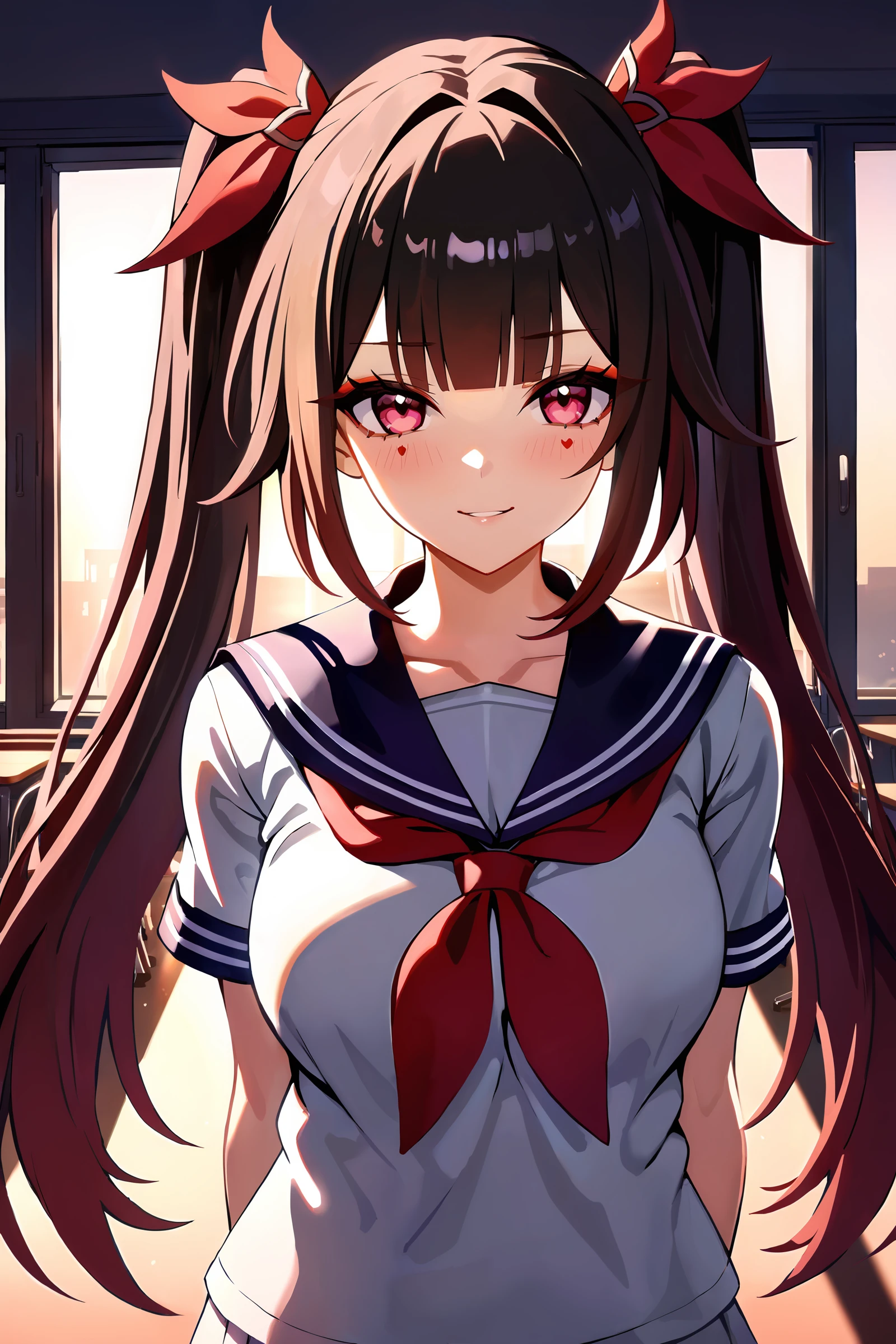masterpiece, best quality, illustration, highres, ultra-detailed, 1girl, sparkle \(honkai: star rail\), twintails, school uniform, serafuku, cowboy shot, backlighting, sunbeam, sunset, classroom, indoors, window, light smile, blush, looking at viewer, depth of field <lora:Char-HonkaiSR-Sparkle-XL-V1:0.9>