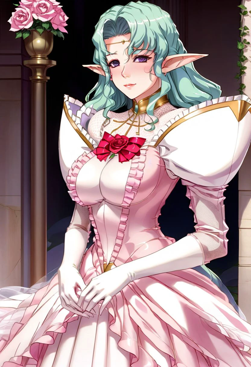 Arietta Elfinrine, delicate lady,  violet eyes, blush, beautiful lips, lipgloss, luscius lips, circlet, cross collar, white sheer mesh, pink gown with sleeves, big red ribbon with a rose at center on her chest, elbow gloves, detailed and Intricate, masterpiece