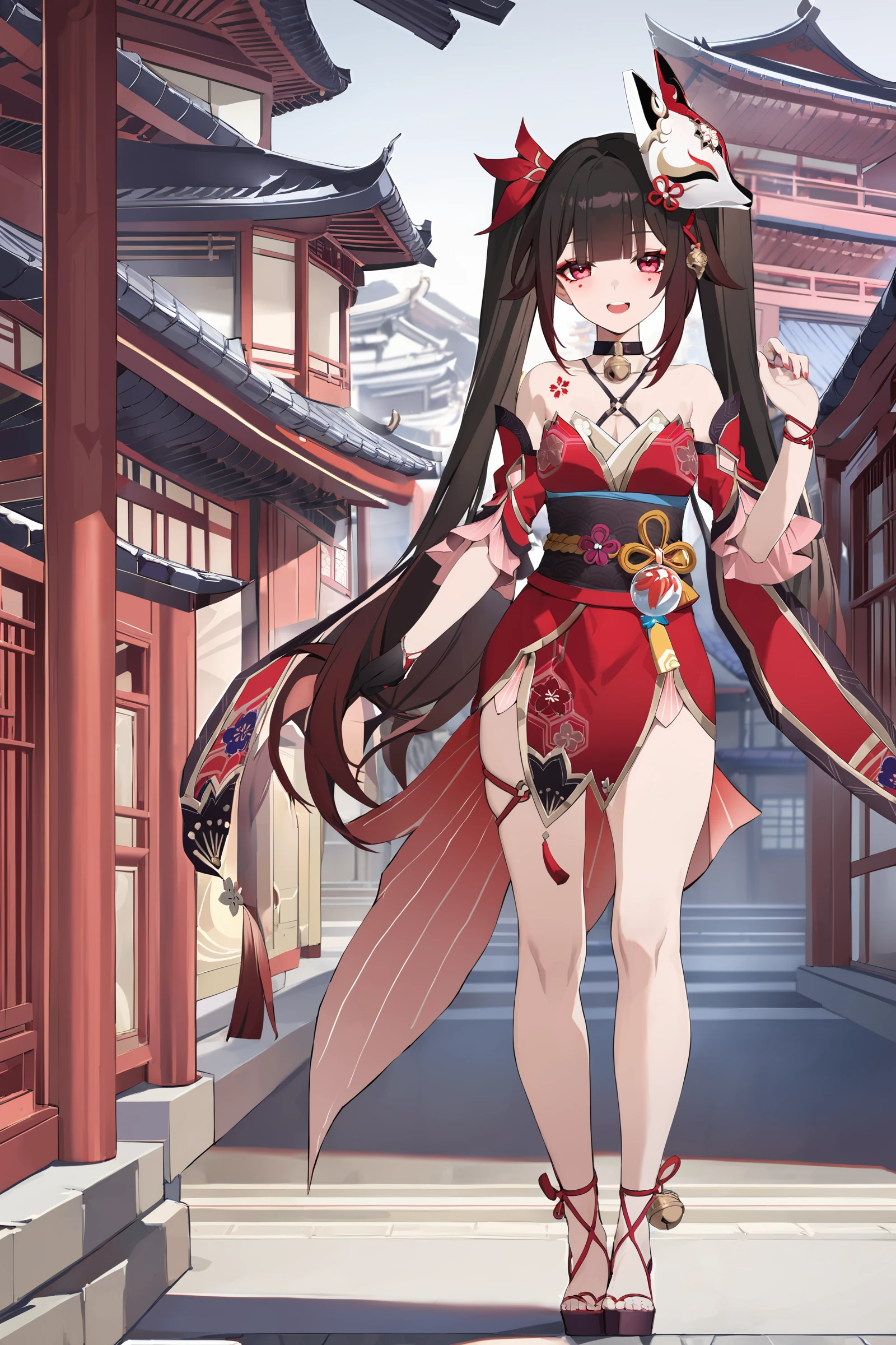 masterpiece, best quality, illustration, highres, ultra-detailed, 1girl, sparkle \(honkai: star rail\), twintails, hair ornament, solo, off shoulder kimono, mask on head, detached sleeves, choker, obi, single glove, cross-laced sandals, wristband, criss-cross halter, thigh strap, full body, standing, looking at viewer, laughing, open mouth, street, east asian architecture, outdoors, depth of field <lora:Char-HonkaiSR-Sparkle-XL-V1:0.9>
