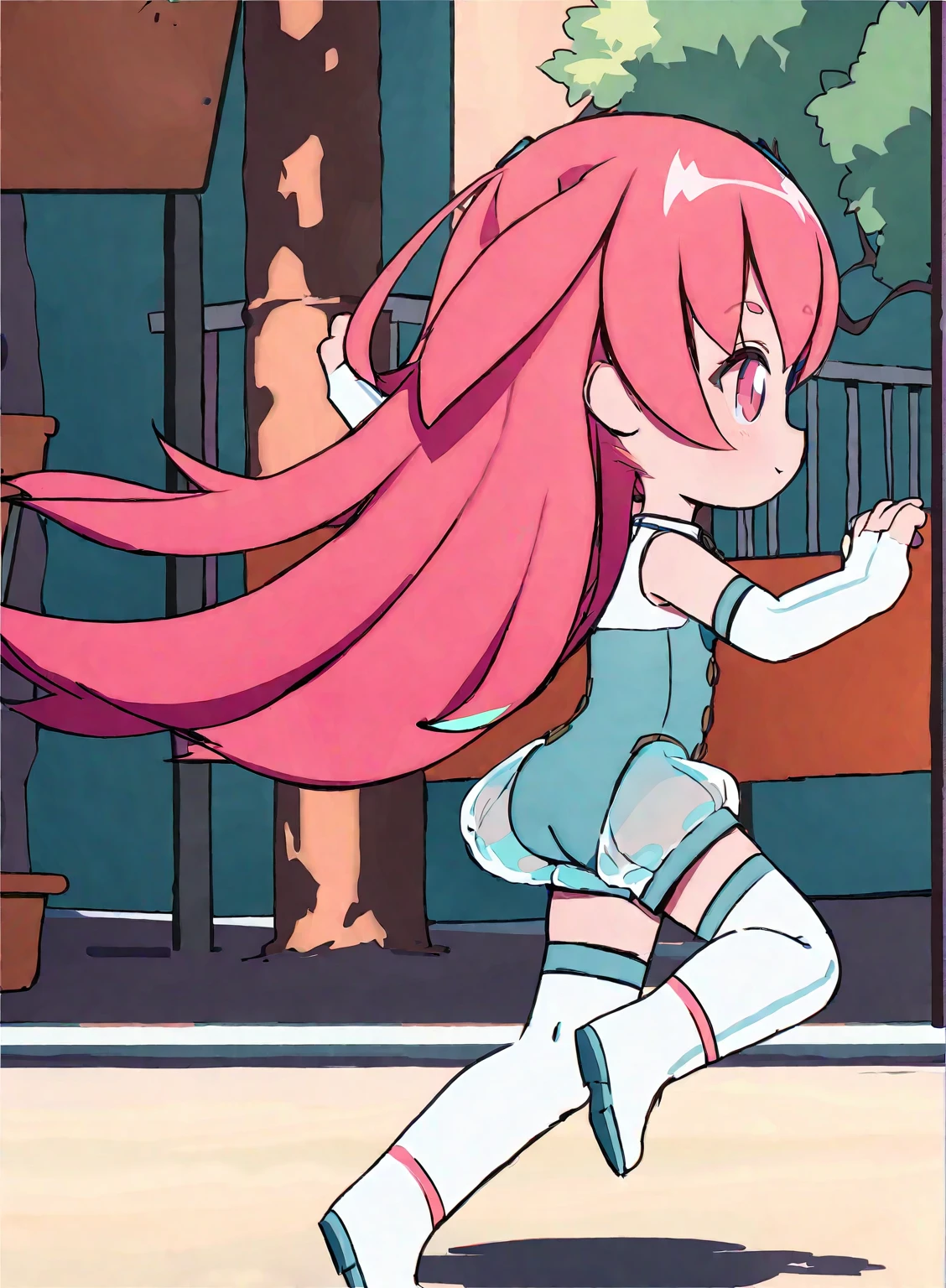 (1girl:1.2),(solo:1.2),masterpiece,best quality,highly detailed,best quality,illustration,highres,extremely detailed wallpaper,sketch,flat color,anime screencap,third-party edit,
nice hands,perfect hands,
chibi,pink hair,pink eyes,thigh boots,thighhighs,long hair,(playground background),happy,<lora:AganLoraXL:0.85>,running