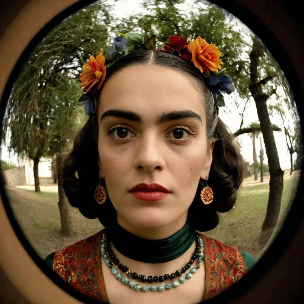 frida kahlo,(((photo 8mm fisheye lens by 8mmfishlent black borders ,zoom out))) , experimental photography, hard light --ar 3:4 --v 5.1 --style raw,