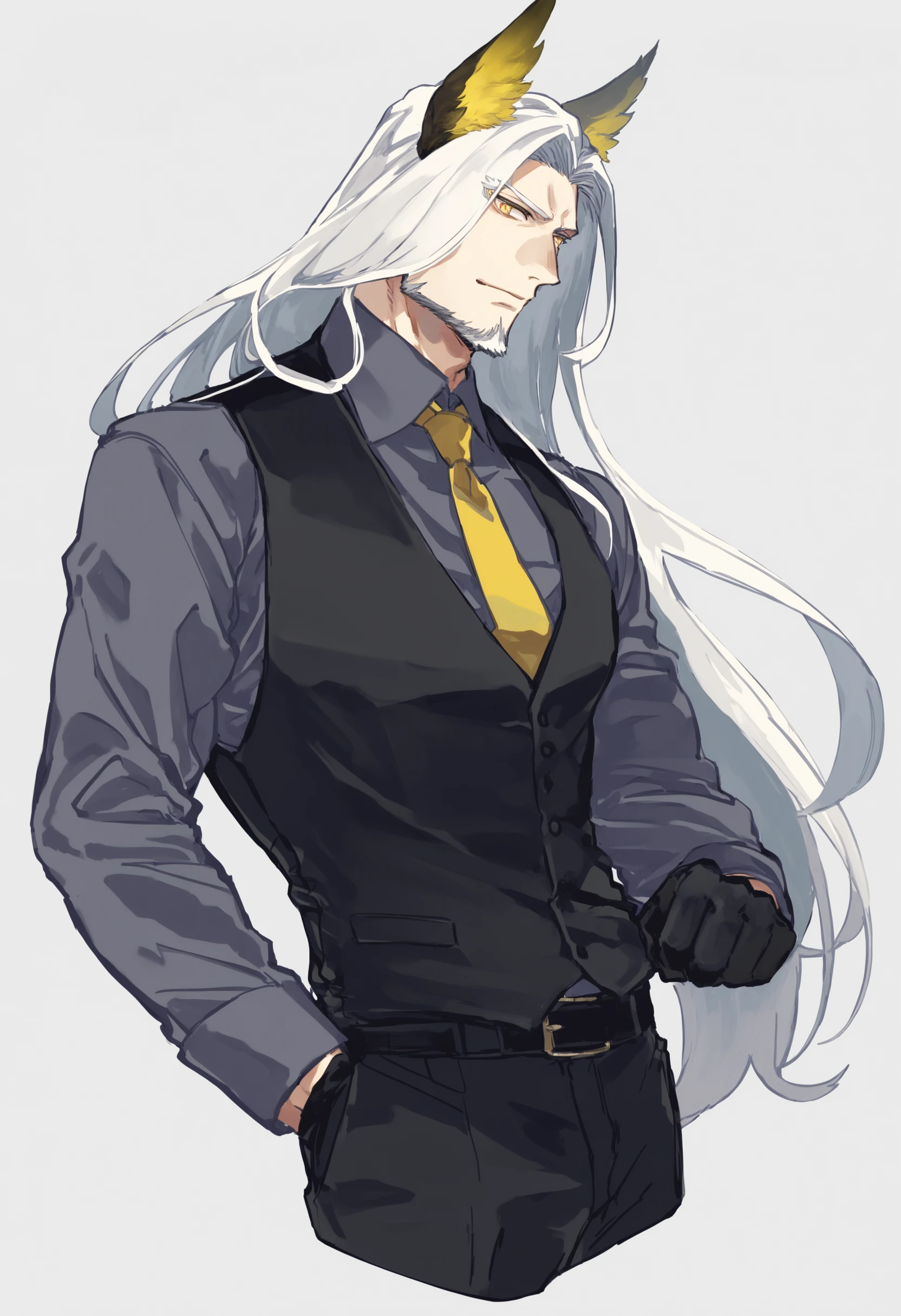 male focus, hellagur, arknights, solo, ikemen, mature, male only, tough man, bold, eyes fix, long jaw, flat chest, sturdy waist, 50 years old, hair wings, smooth straight shoulder length hair, yellow eyes, beard, noble, formal, black collared shirt, yellow tie, black vest, black gloves, front, (cropped leg:1.2), (white background, simple background:1.5), masterpiece, best quality, mta <lora:mta_XL:1>