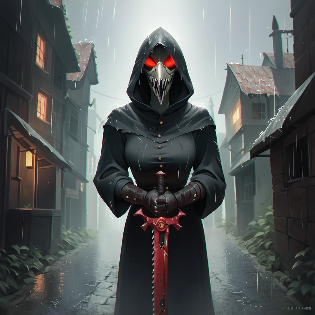 score_9, score_8_up, score_7_up, source_cartoon, A grim dark plague doctor (holding a 40kchainsword) in a dark alley way in a medieval german city in the rain,