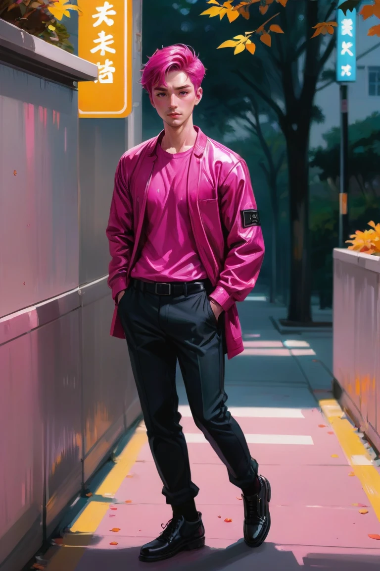 digital painting, full body, young man, handsome, professional autumn tokyo streetwear, japanese, radiant deep color:fuchsia hair, High and Tight<lora:EnvyJKMaleFashionXL01:1.25>