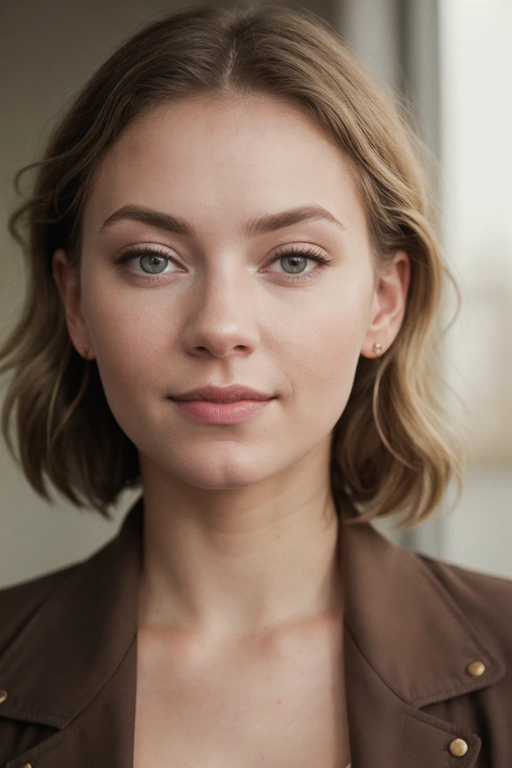 portrait photo of a blonde woman,astr1d_v1-850-2000,wearing a dark jacket,natural skin,subtle smile,short blonde hair,headshot,cinematic lighting,film grain,( looking at the camera:1.1),interior,shot on lumix gh5, by martin schoeller