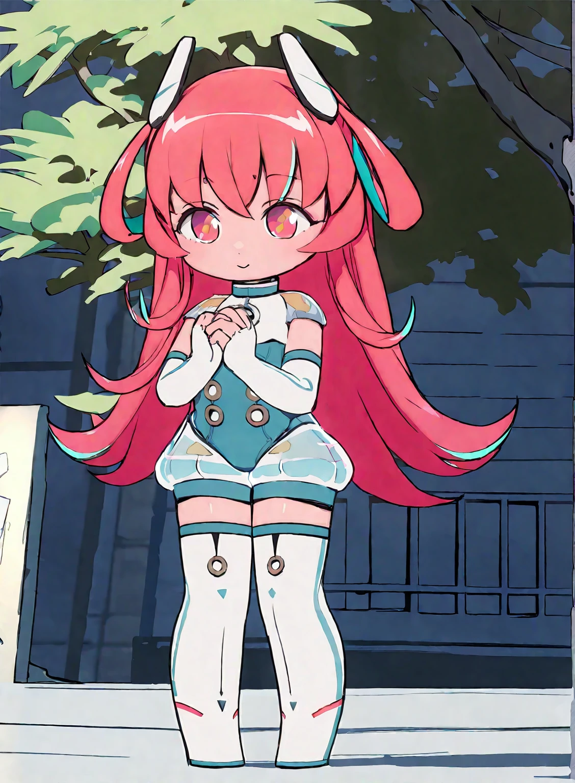(1girl:1.2),(solo:1.2),masterpiece,best quality,highly detailed,best quality,illustration,highres,extremely detailed wallpaper,sketch,flat color,anime screencap,third-party edit,
nice hands,perfect hands,
chibi,pink hair,pink eyes,standing,thigh boots,thighhighs,long hair,(park background),happy,<lora:AganLoraXL:1>,
