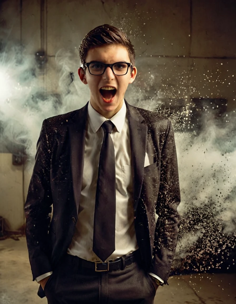 photograph cinematic photo, full body shot, dispersion effect, fflixdisp, 1boy, glasses, male focus, open mouth, black necktie, formal, collared shirt, realistic, suit, teeth, black eyes, black-framed eyewear, brown hair, white shirt, looking at viewer, jacket, portrait, horror (theme), real life insert, upper body
 <lora:dispersion:0.7>
 <lora:FILM_PHOTOGRAPHY_STYLE:0.25> film photography style, light grain, medium grain, heavy grain, 50mm . cinematic 4k epic detailed 4k epic detailed photograph shot on kodak detailed cinematic hbo dark moody, 35mm photo, grainy, vignette, vintage, Kodachrome, Lomography, stained, highly detailed, found footage
