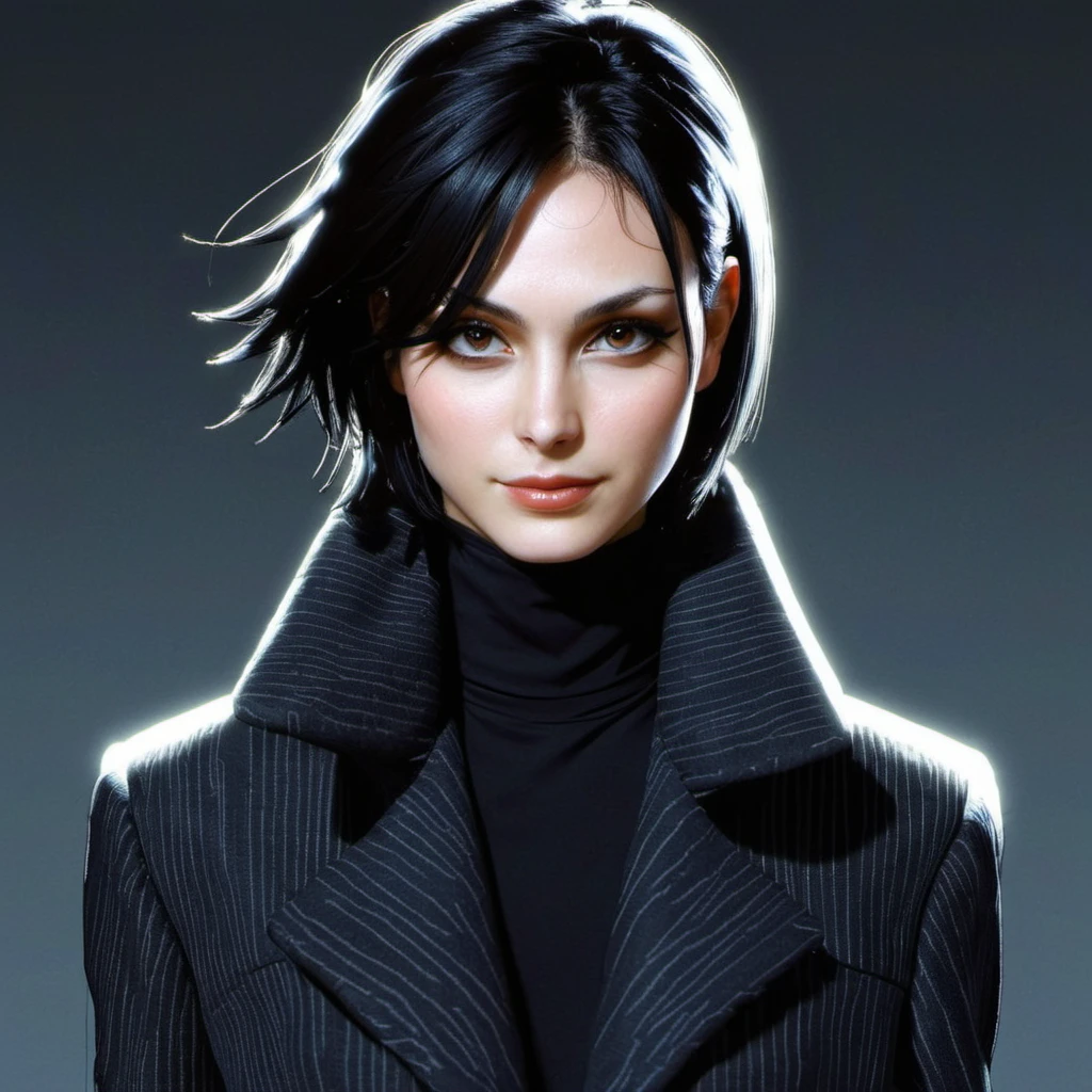 ((90s Anime style illustrattion)) drawing of a face of woman wearing a long matrix coat,2D, <lora:morbaccarin_xl_1_standard_wo_cap-000033:1>