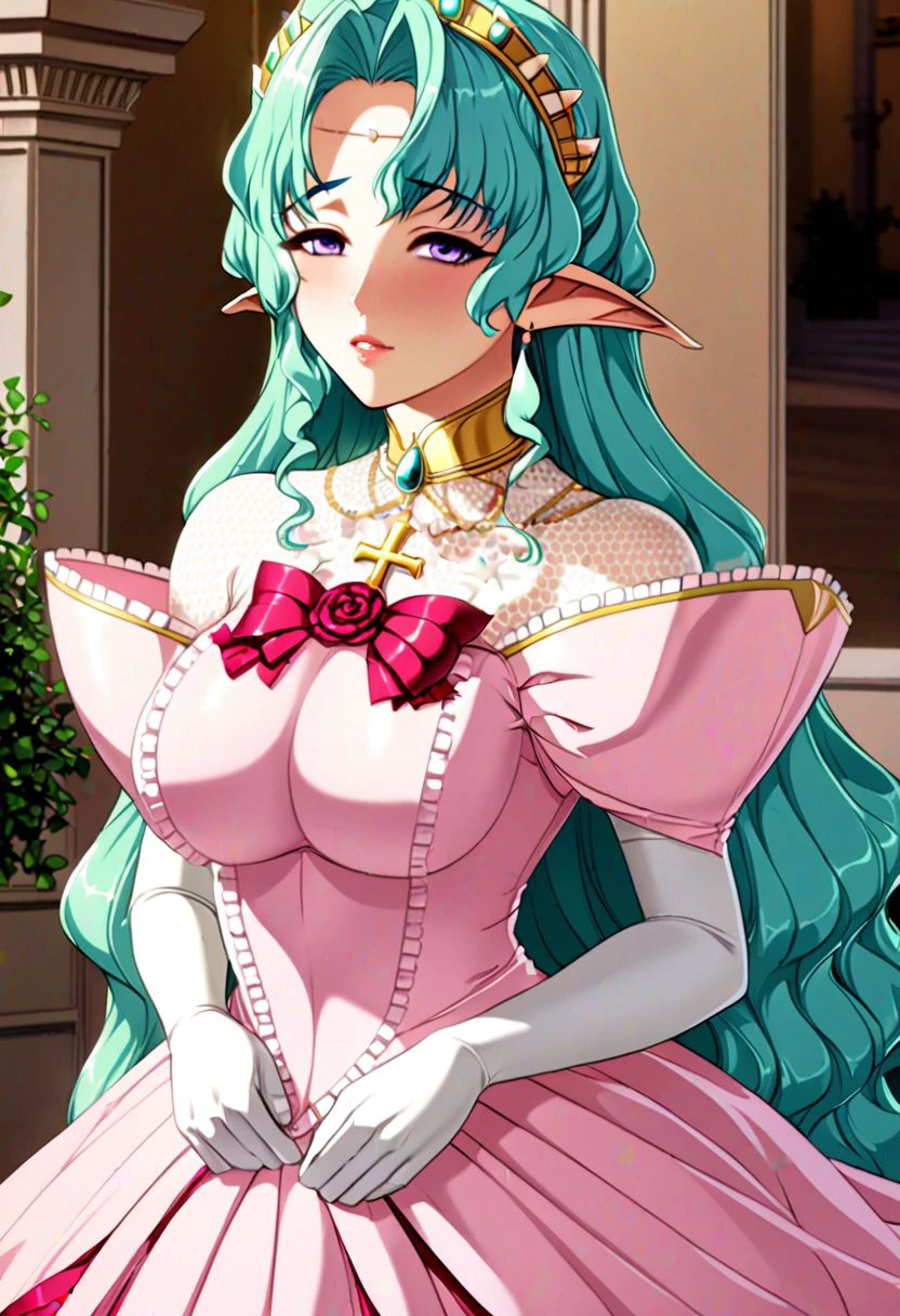 Arietta Elfinrine, delicate lady, violet eyes, detailed eyes, blush, Beautiful lips, lipgloss, luscius lips, teal hair, cross collar, pandant earrings, red ribbon on chest,  pink princess dress, elbow gloves, Forehead jewelry, delicated and intrincade, masterpiece, ultra detailed, 4k