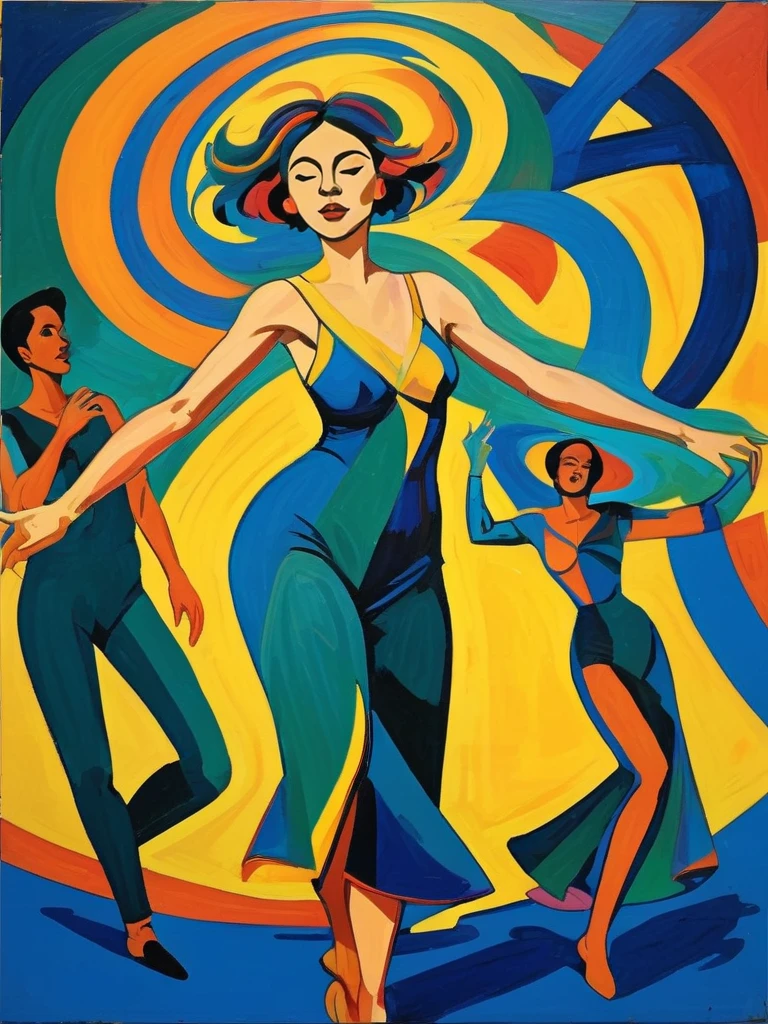 painting of three women dancing in a colorful dress, abstract human figures dancing, dancers, abstract figurative art, dancing people, by Ottó Baditz, juan miro, inspired by Alexander Archipenko, by János Nagy Balogh, dancing, by Wilhelm Sasnal, trio, by Nam Gye-u, dance scene