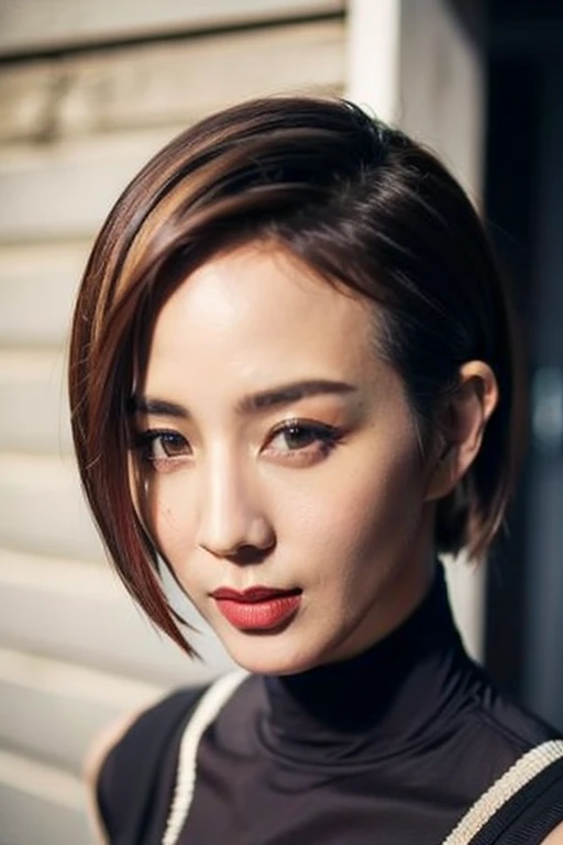 Best quality,masterpiece,ultra high res,(photorealistic:1.2),1girl,in the dark,deep shadow,low key,slim body,japanese street alley,dynamic pose,face closeup,makeup,lipstick,<lora:ning_chang:0.9>,(short hair:1.5),