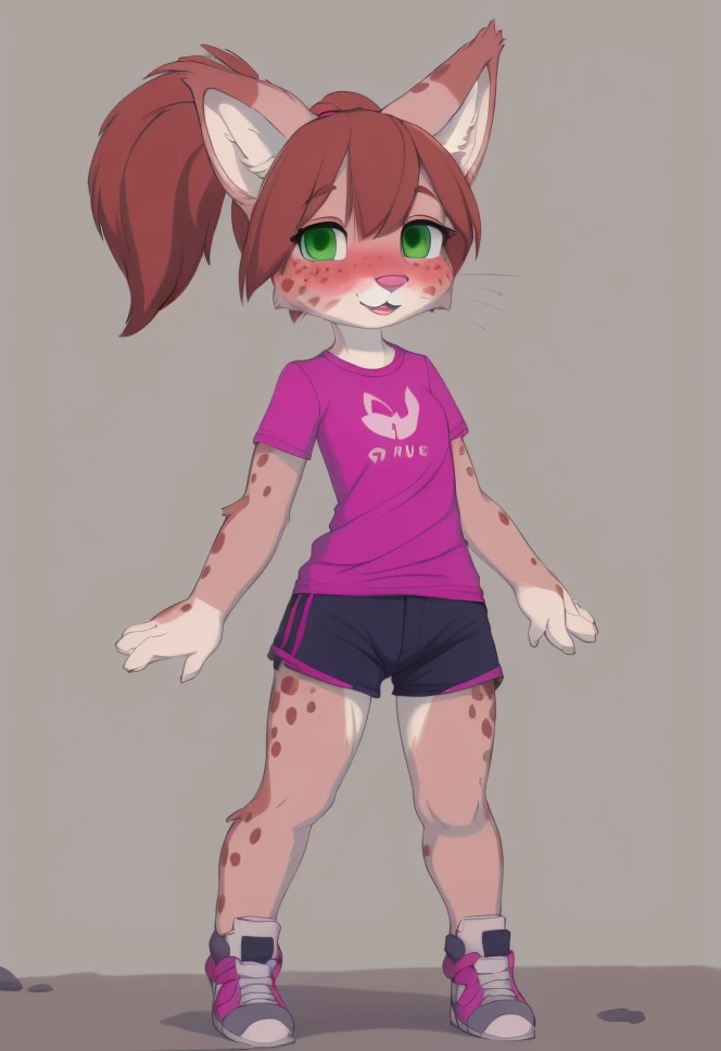 , amandasc , 1girl, solo, blush, ,furry female , short hair, bangs, brown hair, shirt, animal ears, , green eyes , ponytail ,Spots on the body , pink cat nose , <lora:amandasc-000006:1> ,full body,shorts , smile , open mouth