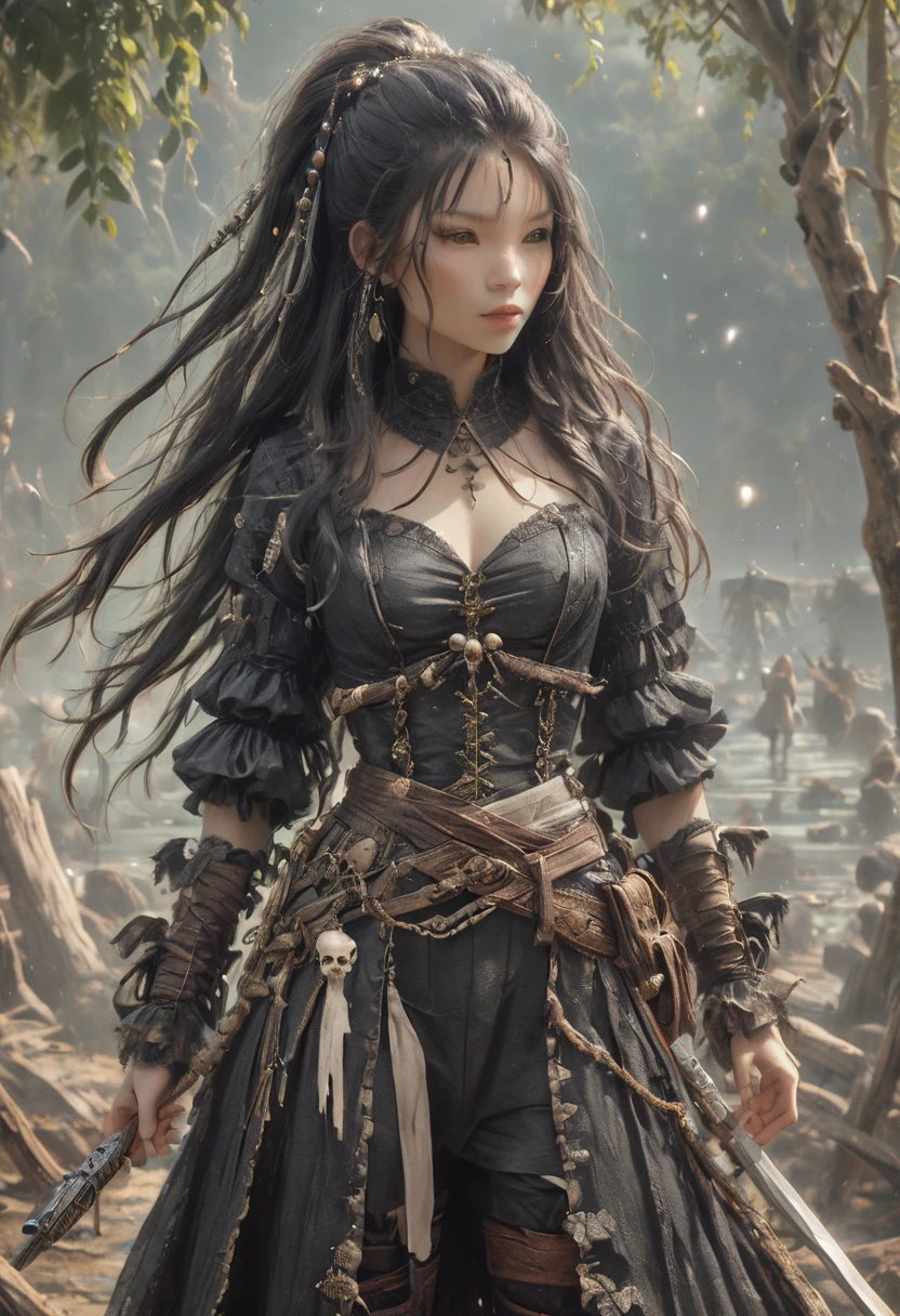 (((masterpiece))) , (((best quality))) , anime style, 2d, well-built charming 1girl, solo, lovely 1girl, ObsidianBone, (((masterpiece))) , (((best quality))) , anime style, 2d, (1girl, solo, Lucy Liu, pirate:1.2) , Traveler, wearing 1700'S outfit trimmed in bone, her outfit trimmed in bone is inspired by nature, Meditation pose, her hair is Pink, flower in hair, key visual, she has Shaved sides hair, key visual,