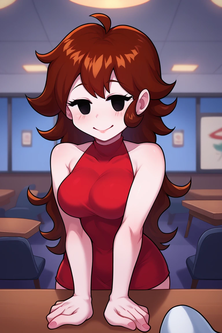 score_9, score_8_up, score_7_up, BREAK, <lora:adjatha-guy-v1PONY:1>, 1girl, solo, <lora:GirlfriendXLPDLoCon:0.95> girlfriend \(friday ht funkin'\), red dress, sleeveless dress, short dress, bare shoulders, black eyes, pov across table, indoors, restaurant,