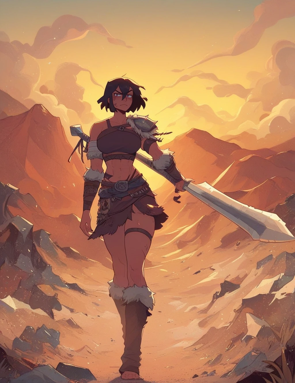 barbarian warrior woman in the desert, massive [sword|axe], sometimes she's cute
score_8_up  <lora:last-000005:1>