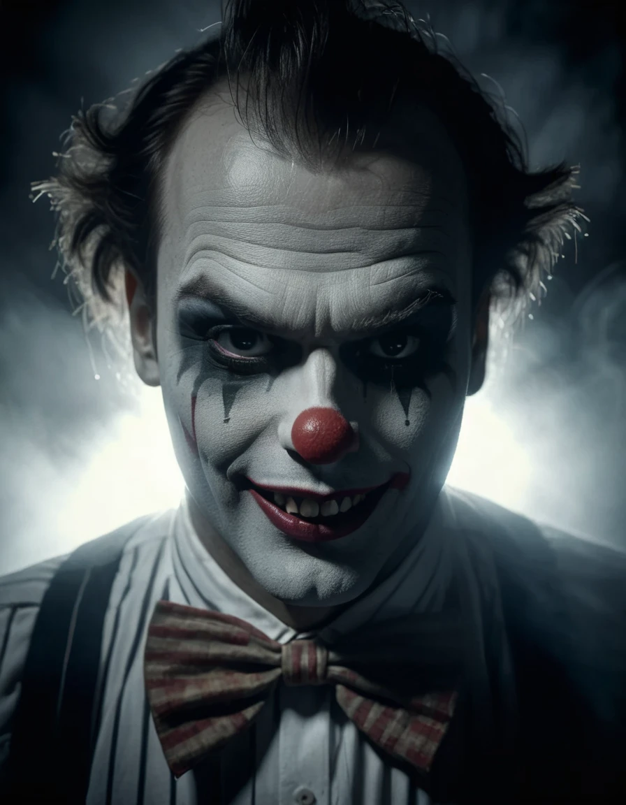 make a 4k art of a man dressed as a prisoner and sitting in a chair, handcuffed by hands wearing a terrifying clown mask, with a Machiavellian look and laughing 