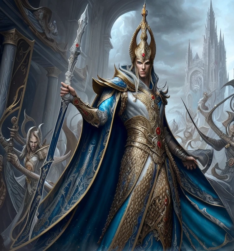 (masterpiece:1.2), (best quality,:1.2), 8k, HDR, ultra detailed, ((photorealistic)), perfect anatomy, professional light, cinematic lighting, fashion photography, ambient lighting,<lora:detail_slider_v4:2>, OverallDetail, (DarkFantasy:0.2), a ((male!)) WHighElf mage, wearing intricate white robes, blue cape, tiara, <lora:WHighElf-10:1>, in the style of Warhammer Fantasy High Elves, epiCPhoto