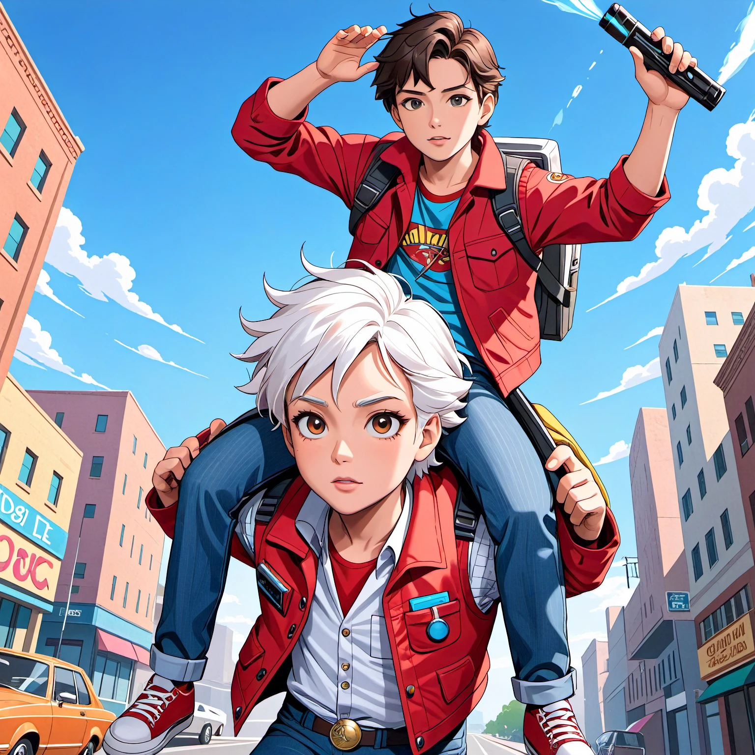 In a dynamic, anime-style scene, Marty McFly, the adventurous teenager from "Back to the Future," is depicted carrying the eccentric scientist, Doc Brown, on his back. Both characters are drawn in vivid detail, reflecting their iconic 1980s attire, with Marty in his classic denim jacket, red vest, and sneakers, while Doc Brown sports his wild, white hair and lab coat, overflowing with gadgets and tools. The background suggests a fusion of different times and locations, a nod to their time-traveling adventures, featuring futuristic cityscapes, wild west landscapes, and 1950s Americana all merging into one. There's a sense of urgency and motion in the scene, as if Marty and Doc are racing against time itself, underscored by swirling colors and a palpable energy in the atmosphere. Despite the chaos, there's a bond of trust and camaraderie between the characters, evident in their expressions and the determined way Marty carries his friend.