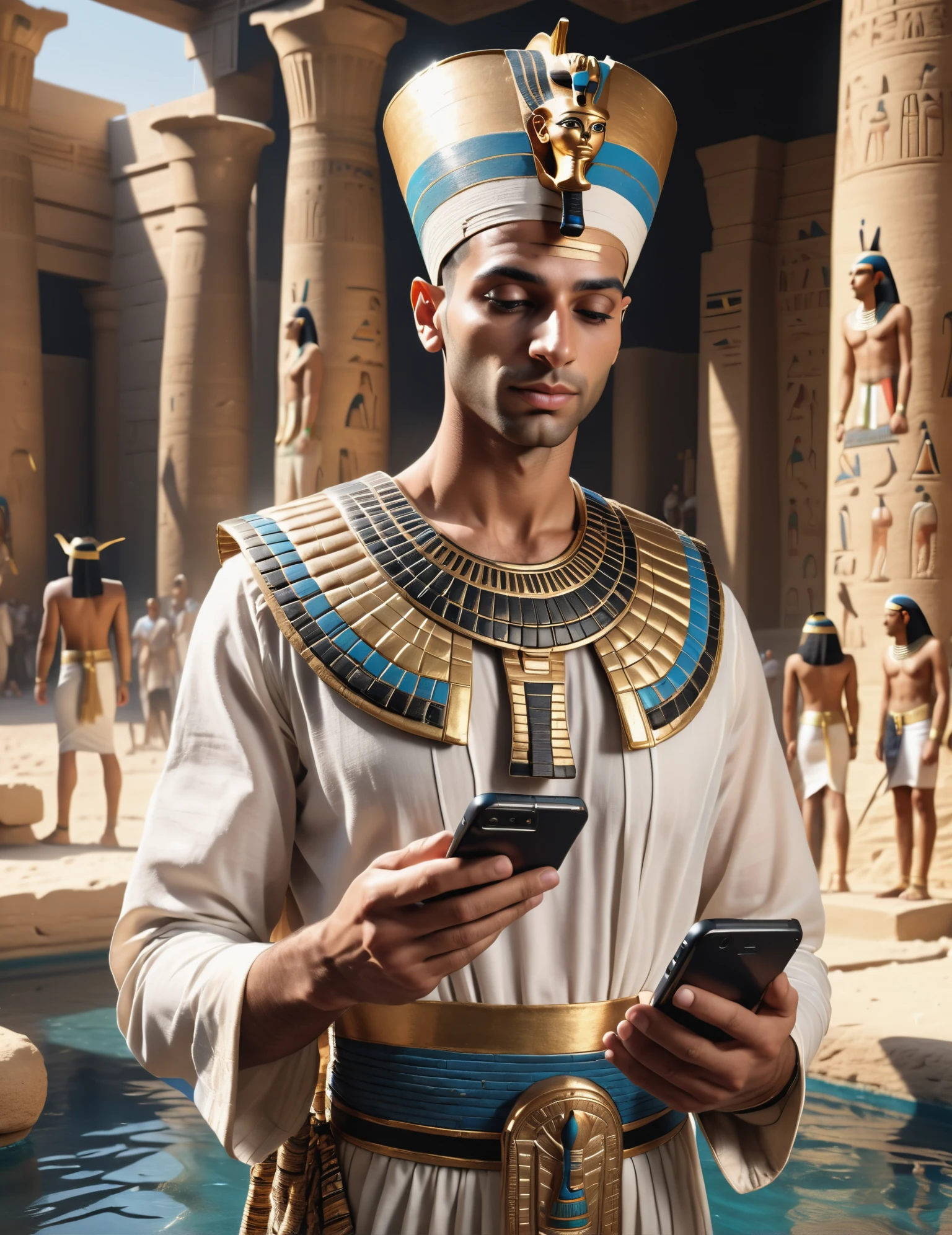 Zoom Shot professional photorealism, (Male Engineer:1.3), (Pharaoh's Egyptian Regalia:1.2), Braided Bun, Holding a Smartphone, Hidden Water Springs, (Busy background:1.2), Volumetric real-time lighting and shadows, Captured with a high-end camera for best hyperrealistic quality, 8k raw photography <lora:Artistic Image Enhancement v1.0:0.2>