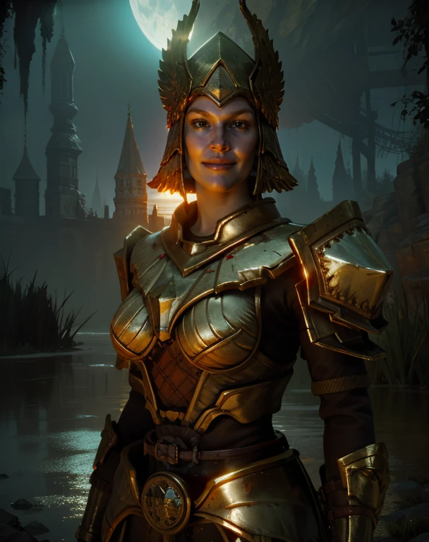 selenvinland,brown eyes,
gold armor,helmet,
upper body,smile,standing,
night,swamp,rocks,
(insanely detailed, masterpiece, best quality),solo,<lora:SelenVinland:0.8>,