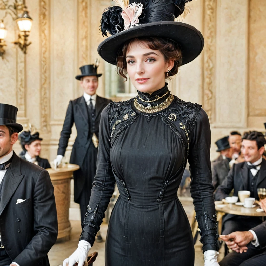 masterpiece, uhd, sharp color photo of a beautiful woman wearing an ornate high-neck layered black dress, with a hat on, flirting with men at a Parisian cafe
<lora:1910_Dress_XL:1> 1910_dr3ss
<lora:Jennifer8XL:1>