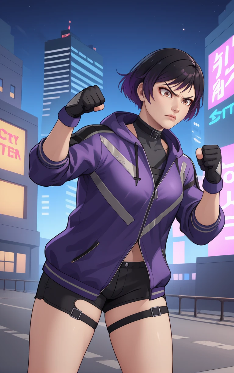 Reina,black and purple jacket,black gloves,
shorts, clenched hand, raised fist,
night,city square,<lora:ReinaM:0.8>,