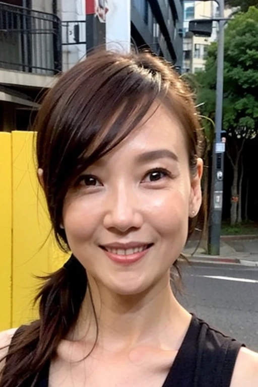 Best quality,masterpiece,ultra high res,(photorealistic:1.2),1girl,in the dark,deep shadow,low key,slim body,taipei street alley,dynamic pose,face closeup,<lora:jessie_chang:0.9>,brown hair,smile,Side ponytail,