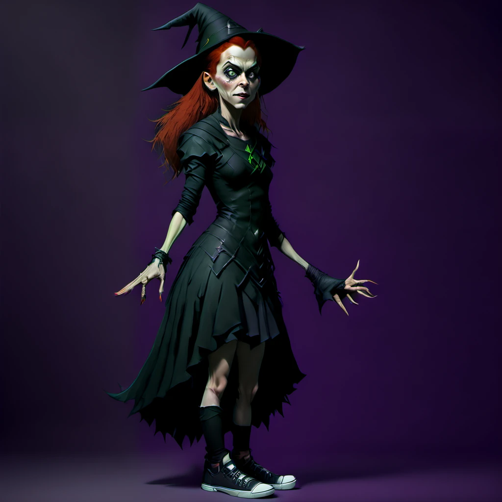 <lora:Everly_Heights_Character_Maker:1> Side profile, Teen Witch with red hair wearing a black dress pointed hat and sneakers