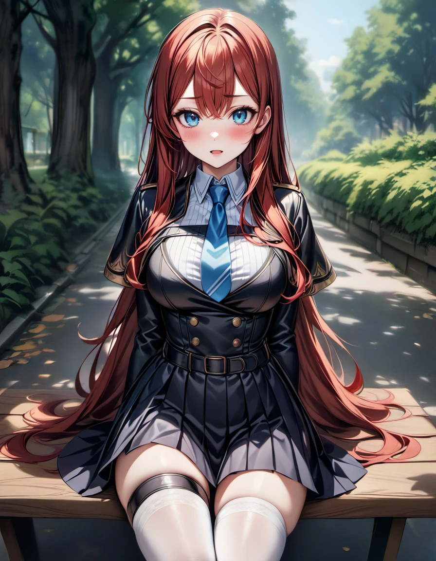 realistic,highly_detailed,best_quality,masterpiece,kierose,1girl,pastel colors, solo, long hair, breasts, looking at viewer, blush, bangs, skirt, shirt, long sleeves, dress, bow, hair between eyes, very long hair, necktie, red bow, capelet, blue necktie, frown, no headwear,outdoors,sitting,bench,park,blush,smile,blue_eyes,red_hair,black_dress,black capelet, ribbon,bow, collared shirt, black sleeves, white thighhighs,dress_top, best_quality,masterpiece,open_mouth,buttons,:D,waist bow, pleated skirt,button,blue sky,thigh strap,belt,chest strap,looking at viewer,((red_ribbon)),looking at viewer, (arms behind back) <lora:kierose_xl_v1:1>