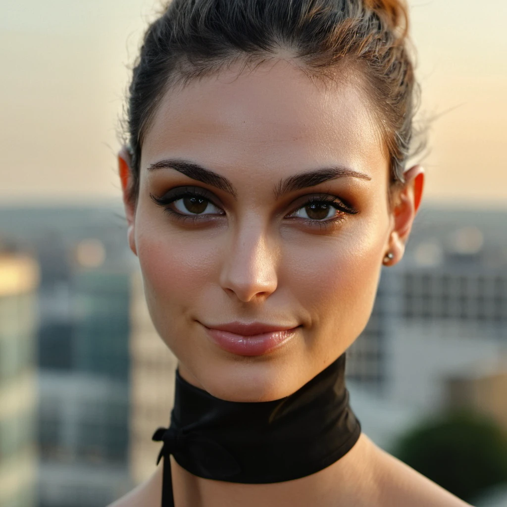 (Skin Texture, pores, natural,iPhone,RAW)), natural lighting, Highest Quality closeup Portrait photo of a pretty woman,black thin choker, clear lipgloss, Nikon Z9, realistic matte skin, blurry city in the background, 8K, symmetric, whole face, <lora:morbaccarin_xl_1_standard_wo_cap-000033:1>