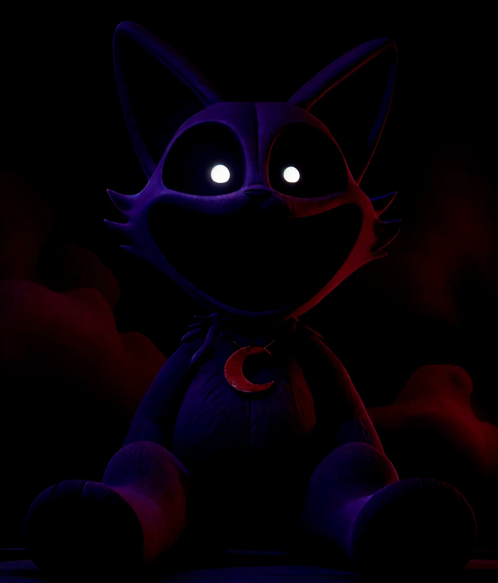 furry,purple cat,black eyes,crazy laugh,black mouth,moon necklace,plush toy,seams,red smoke,no humans,cartoonized,solo,sitting,full_body,horror \(theme\),smiling critters,<lora:Role_smiling_critters_v1:0.8>,(3d \(artwork\):1.15),blender \(software\),{sharp focus|soft focus},ray tracing,(unreal engine:1.3),absurd res,