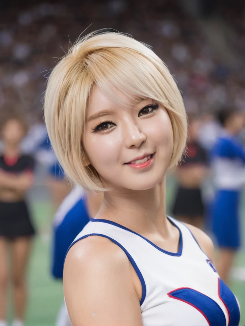 a beautiful picture of choaXL, detailed skin texture,masterpiece, photorealistic, woman, 4k, backlighting, light, RAW color photo,(fully in frame:1.1), (blush:0.5), (goosebumps:0.5),blonde, short hair,<lora:choaXL:1>,asian girl,idol,cute smile,wearing a cheerleader outfit, stadium background