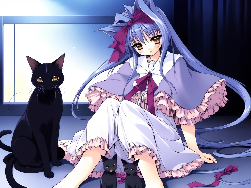 <lora:Shion_IES:0.8>, ShionIES, 1girl, cat, solo, barefoot, sitting, ribbon, long hair, purple hair, black cat, dress, capelet, very long hair, blue hair, bow,
masterpiece, high quality, very_high_resolution, large_filesize, full color,