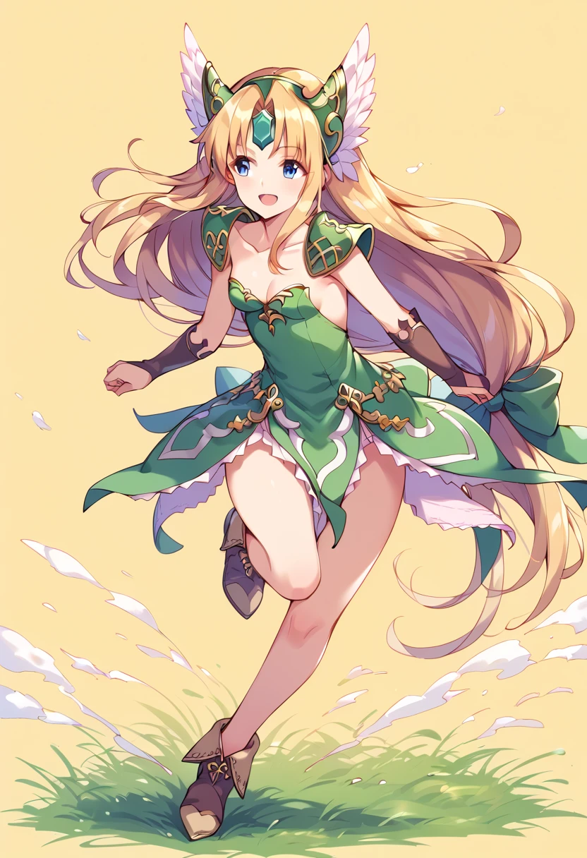 score_9, score_8_up, score_7_up, best quality, masterpiece, source_anime BREAK
1girl, riesz, trials of mana, blonde hair, solo, low-tied long hair, cleavage, bridal gauntlets, open mouth, very long hair, winged helmet, blue eyes, smile, helmet, shoulder armor, full body, green dress, pauldrons, hair bow, forehead jewel, green bow, yellow background, brown footwear, panties, underwear, :d, grass, strapless dress, bare legs, short dress, looking to the side, looking away, hair intakes, pantyshot, running, standing, bracer, small breasts, hair ribbon, standing on one leg, simple background, leg up, collarbone, parted bangs, high heel boots, legs, hair ornament, gloves, floating hair, ankle boots, thighs, sleeveless dress, skirt <lora:riesz_sdxl_locon_pony_v1:0.7>